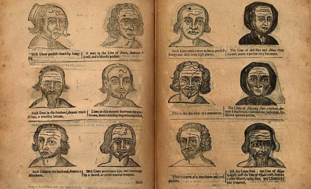 Woodcuts of faces with disctinct forhead wrinkles, and explanations of what such wrinkles mean for the person's future.